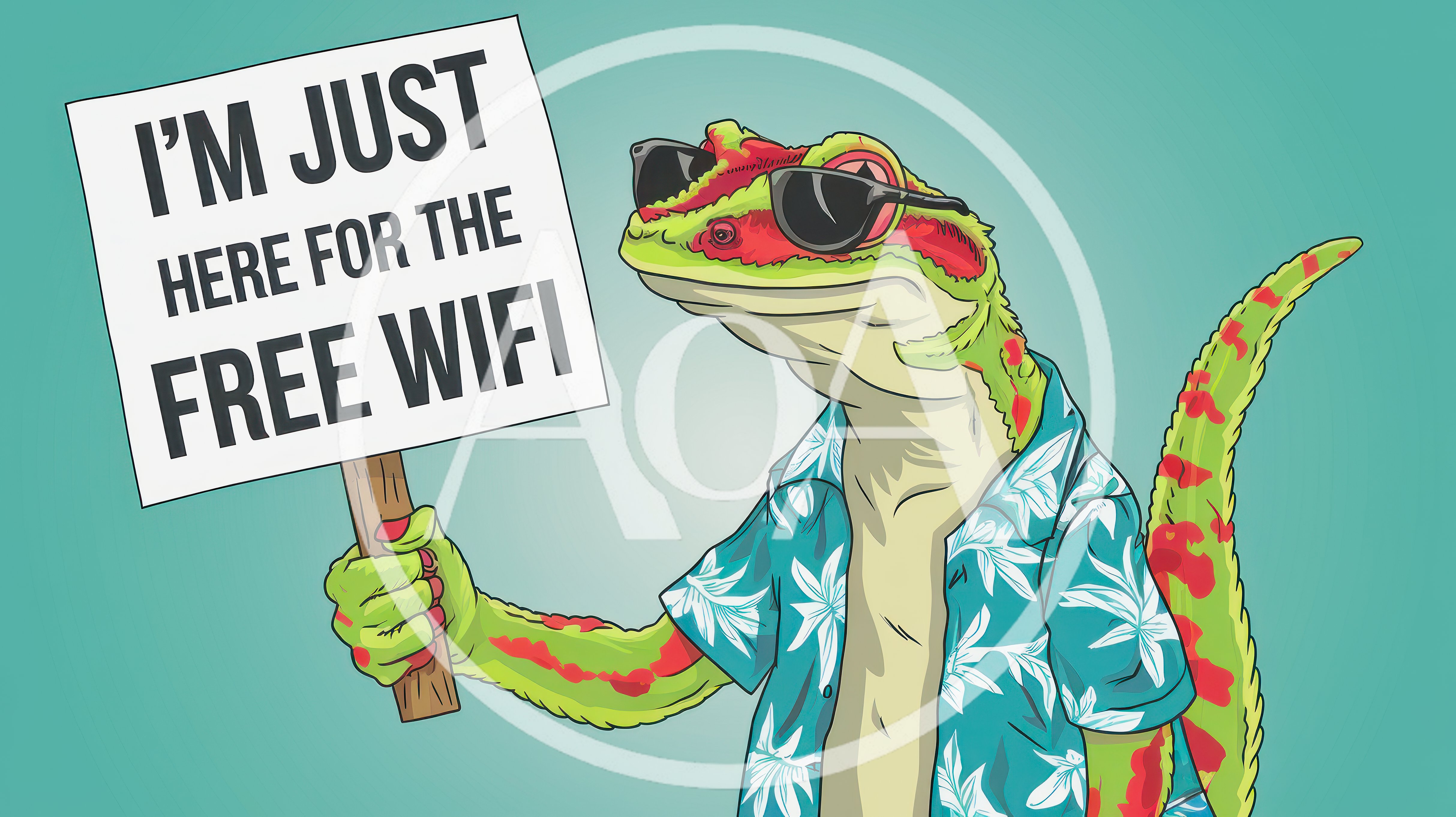 Cartoon Gecko Holding A Free Wifi Sign