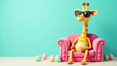 Cute Cartoon Giraffe Sitting In A Pink Armchair