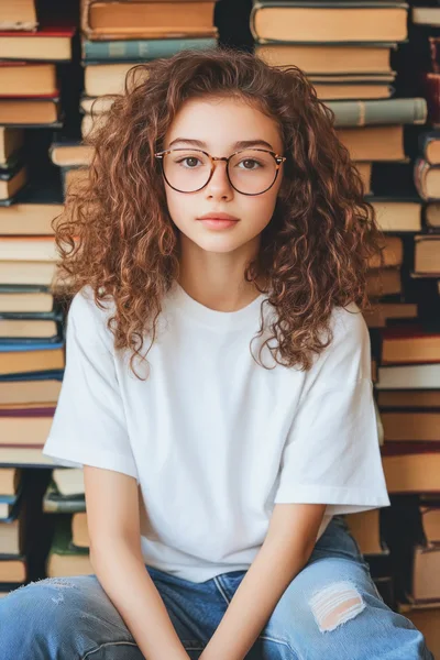 Young Woman With Curly Hair Sitting Before Bookshelves