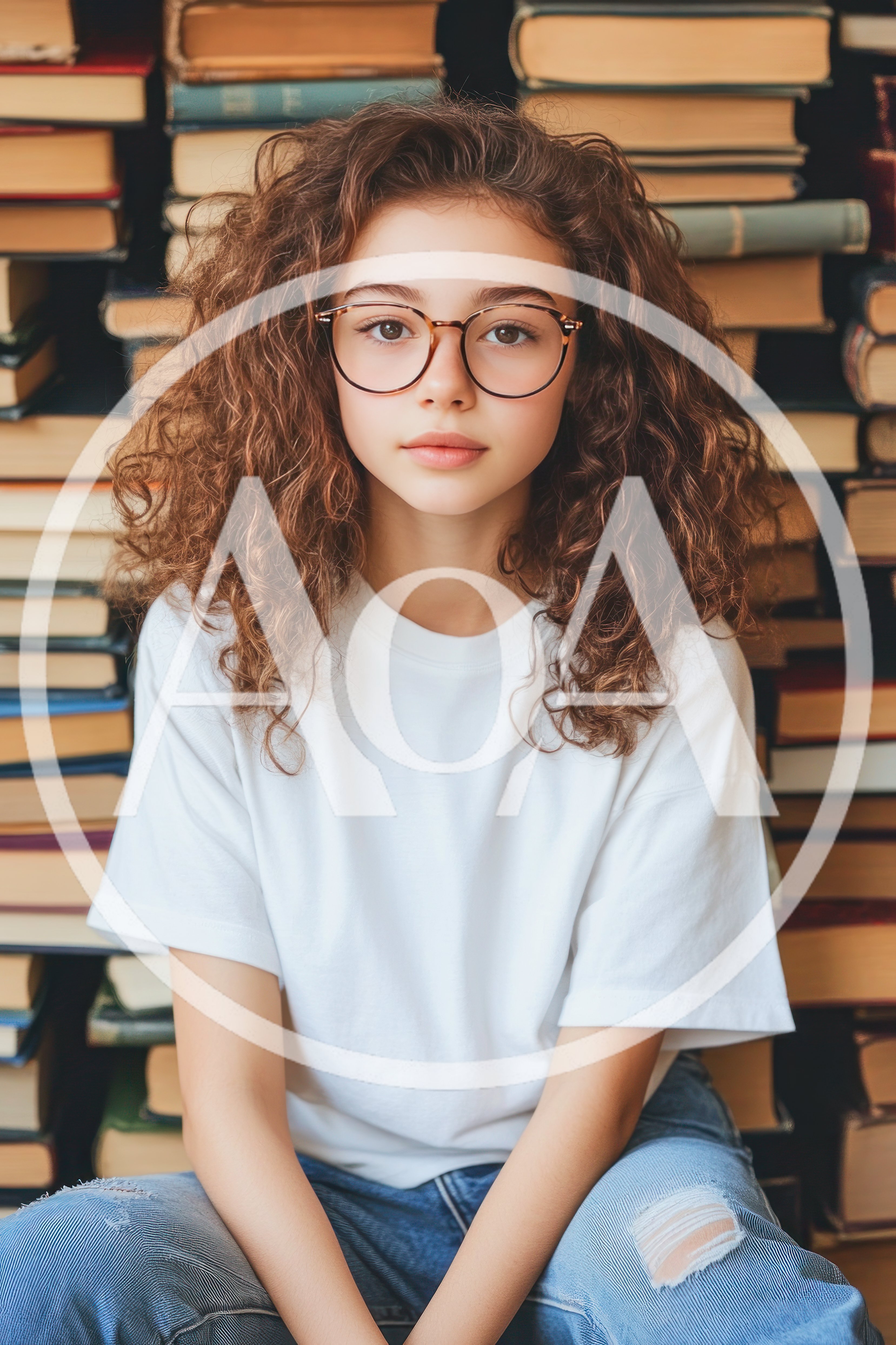 Young Woman With Curly Hair Sitting Before Bookshelves