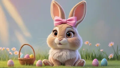 Cute Easter Bunny With Pink Bow And Colorful Eggs