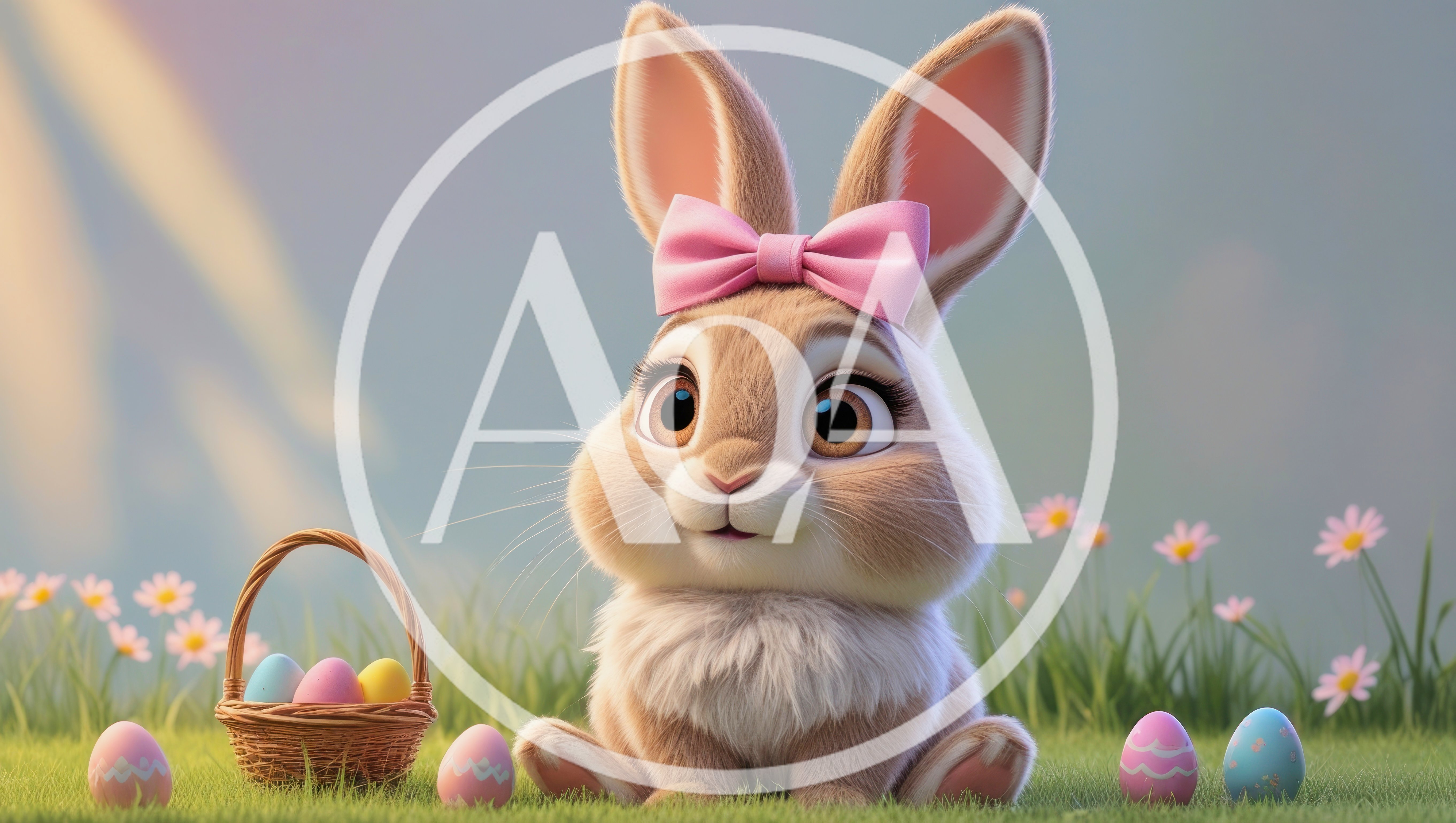 Cute Easter Bunny With Pink Bow And Colorful Eggs