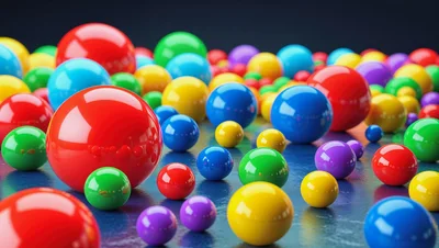 Colorful Glossy Spheres Scattered On A Reflective Surface