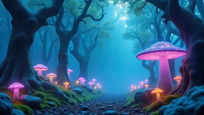 Glowing Bioluminescent Mushrooms In A Mystical Foggy Forest