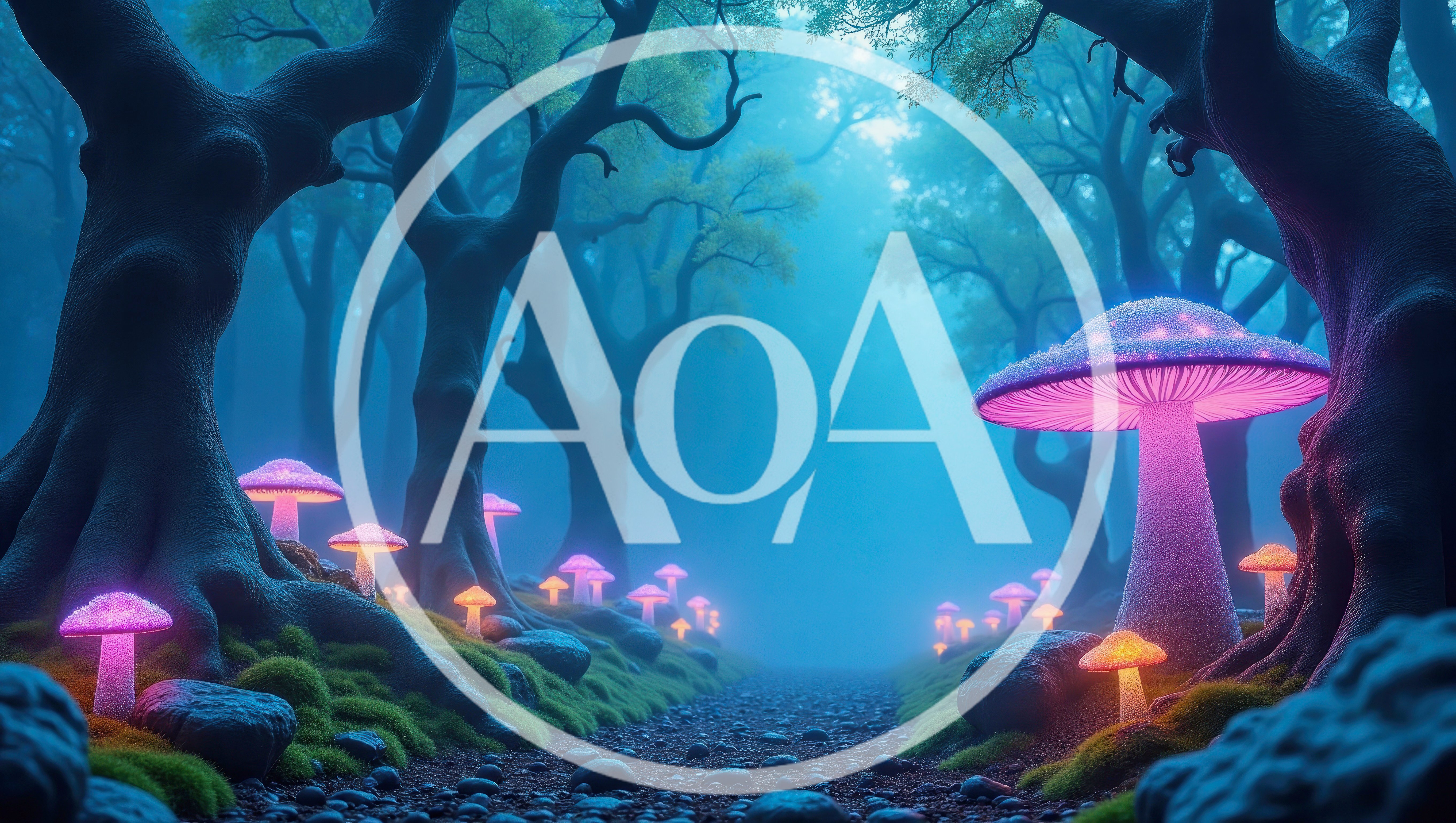 Glowing Bioluminescent Mushrooms In A Mystical Foggy Forest
