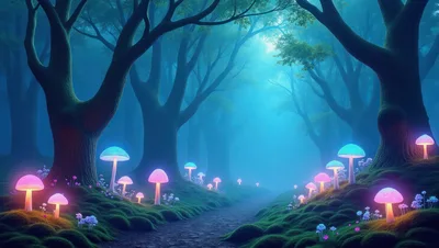 Enchanted Forest Path With Glowing Bioluminescent Mushrooms