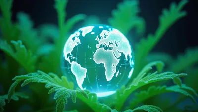 Glowing Glass Globe Resting On Green Fern Leaves