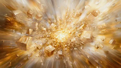 Abstract Golden Cubes Exploding In Radiant Light