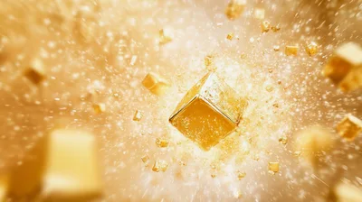 Golden Cube Exploding Into Floating Particles