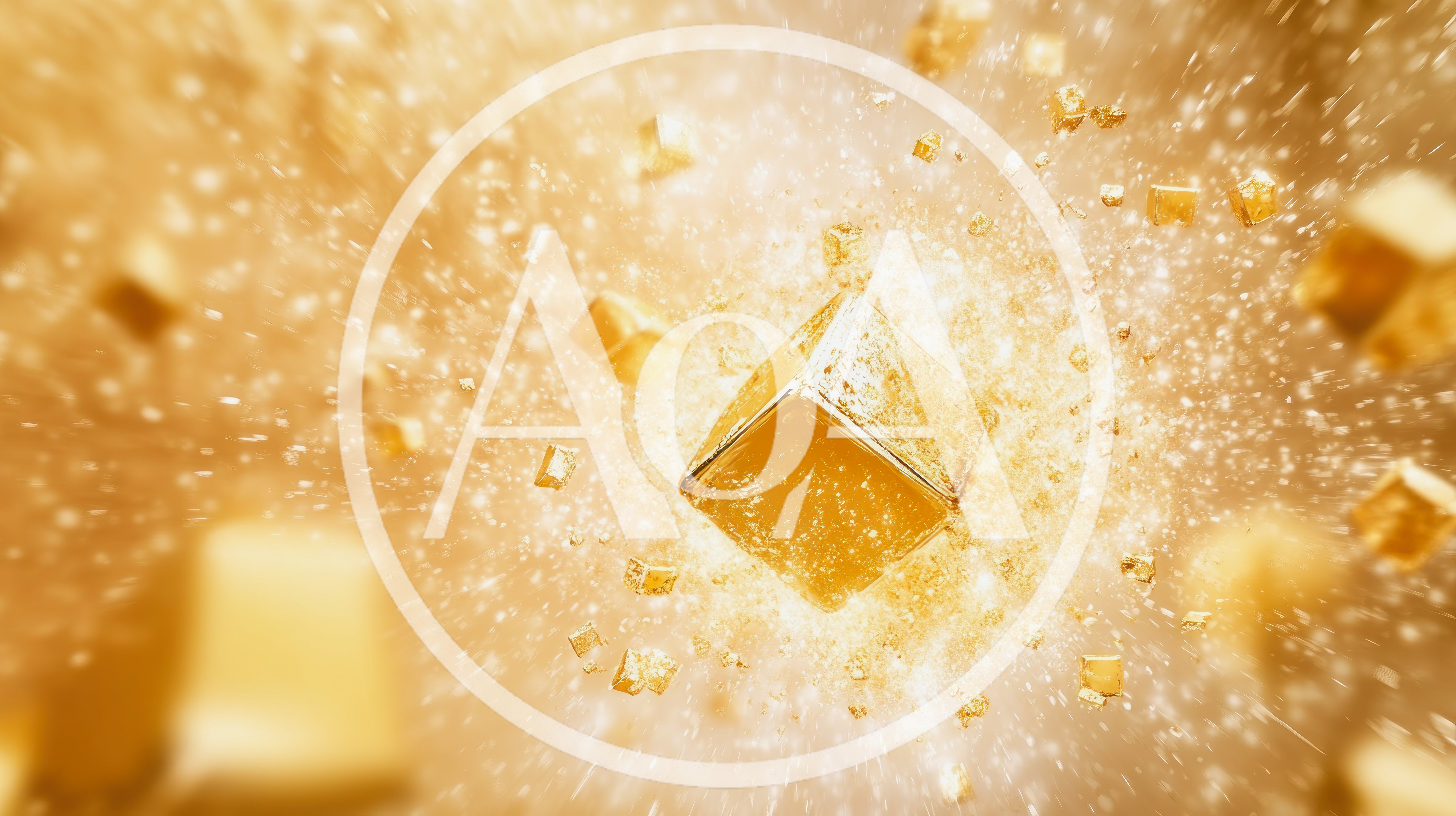 Golden Cube Exploding Into Floating Particles