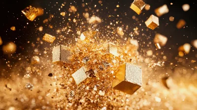 Golden Cubes Exploding Into Glittering Particles