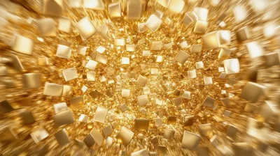 Abstract Golden Cubes Floating In Motion
