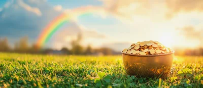 Pot Of Gold Coins On Grassy Field