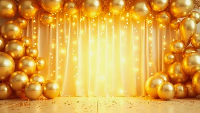 Golden Balloon Arch With Sparkling Curtain Backdrop