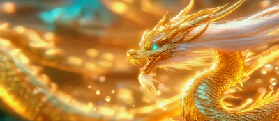 Golden Chinese Dragon Swimming Through Glowing Water