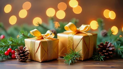 Two Golden Christmas Gift Boxes With Pine Cones