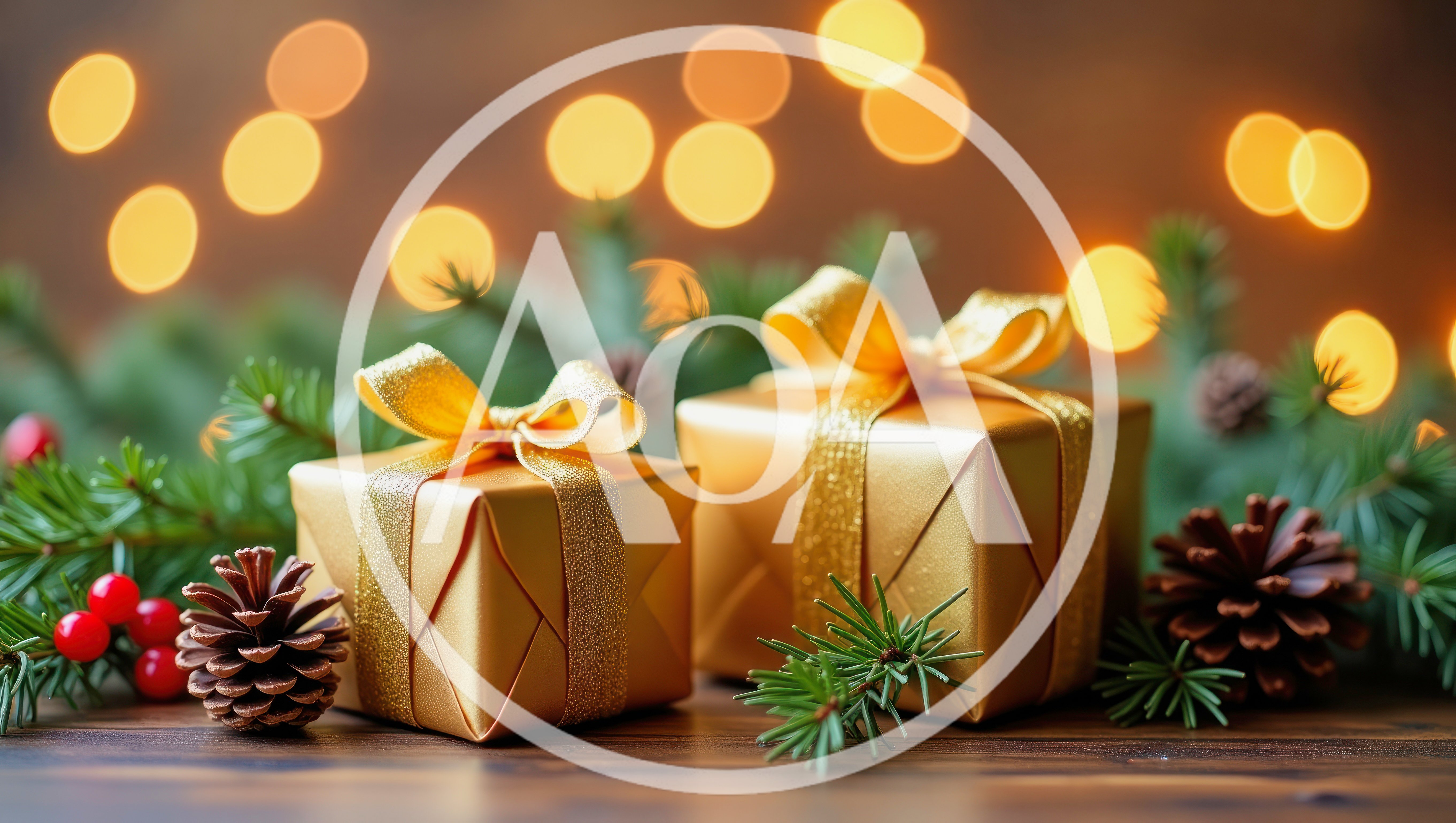 Two Golden Christmas Gift Boxes With Pine Cones