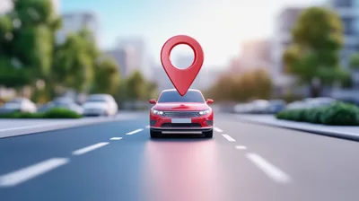 Red Car With Location Pin On City Road