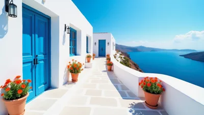 Scenic White Terrace Overlooking The Aegean Sea In Santorini