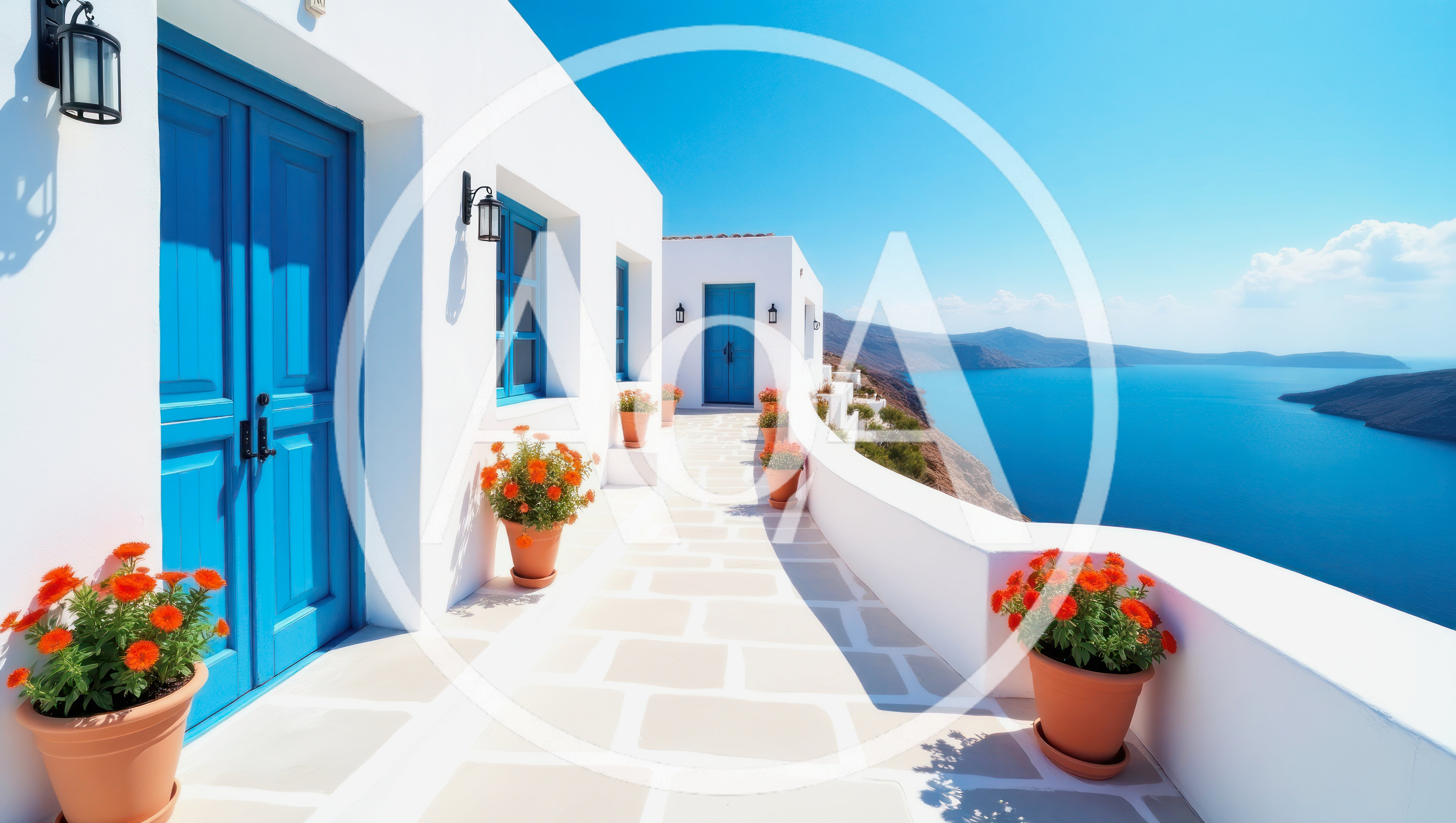 Scenic White Terrace Overlooking The Aegean Sea In Santorini