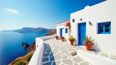 White Villa Terrace Overlooking The Aegean Sea