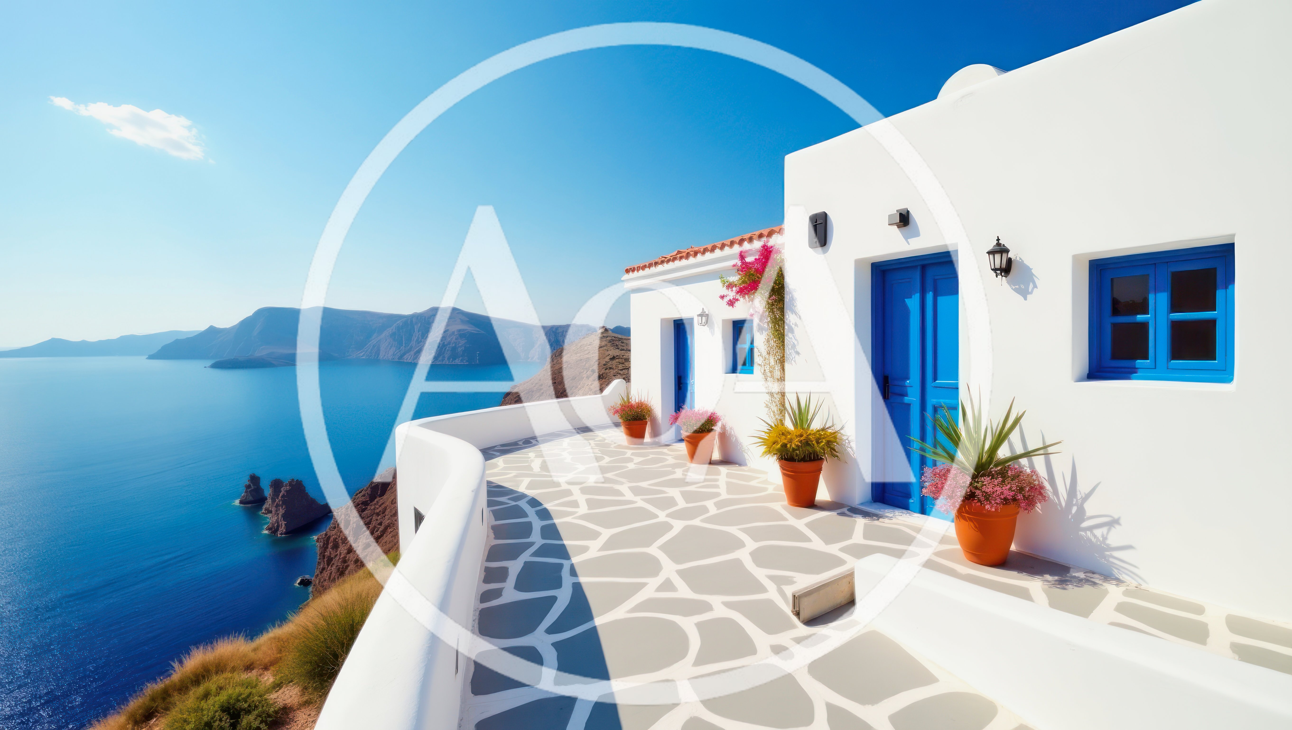 White Villa Terrace Overlooking The Aegean Sea