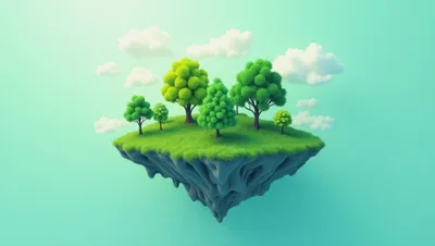 Floating Island With Lush Green Trees And Clouds