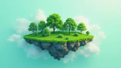Floating Island With Lush Green Trees And Clouds