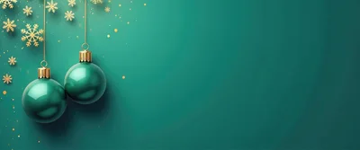 Two Green Christmas Ornaments Hanging Against Teal Background