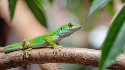 Bright Green Gecko Resting On A Tree Branch