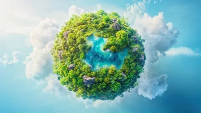 Miniature Floating Planet With Lush Forest And Water