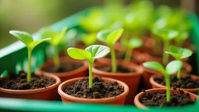 Small Green Seedlings Growing In Individual Plastic Pots