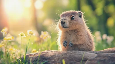 Cute Groundhog Standing On A Log In Sunny Meadow