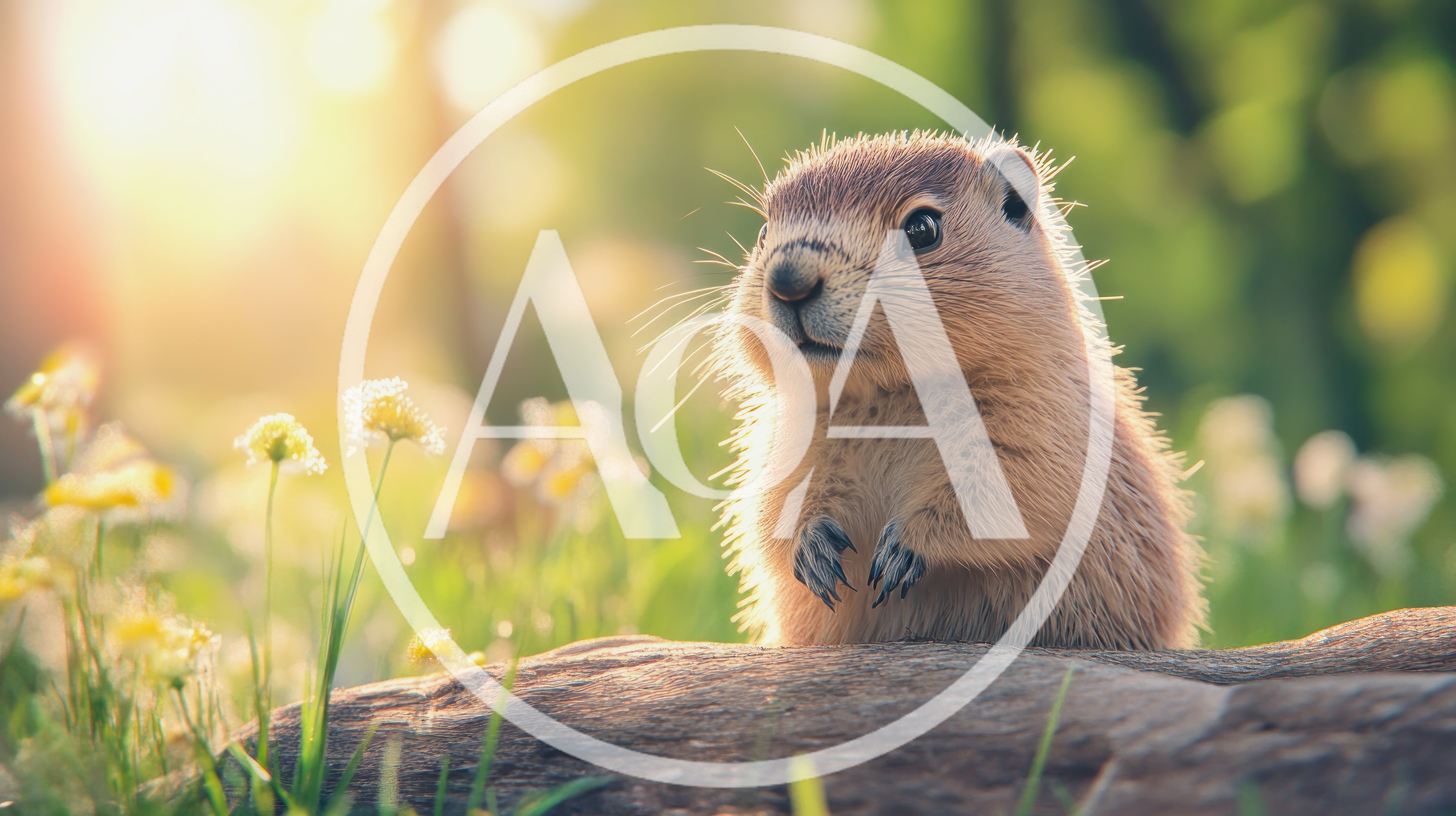 Cute Groundhog Standing On A Log In Sunny Meadow