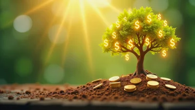 Glowing Money Tree Growing From Gold Coins
