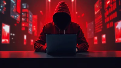 Cyber Hacker In Red Hoodie Working On Laptop