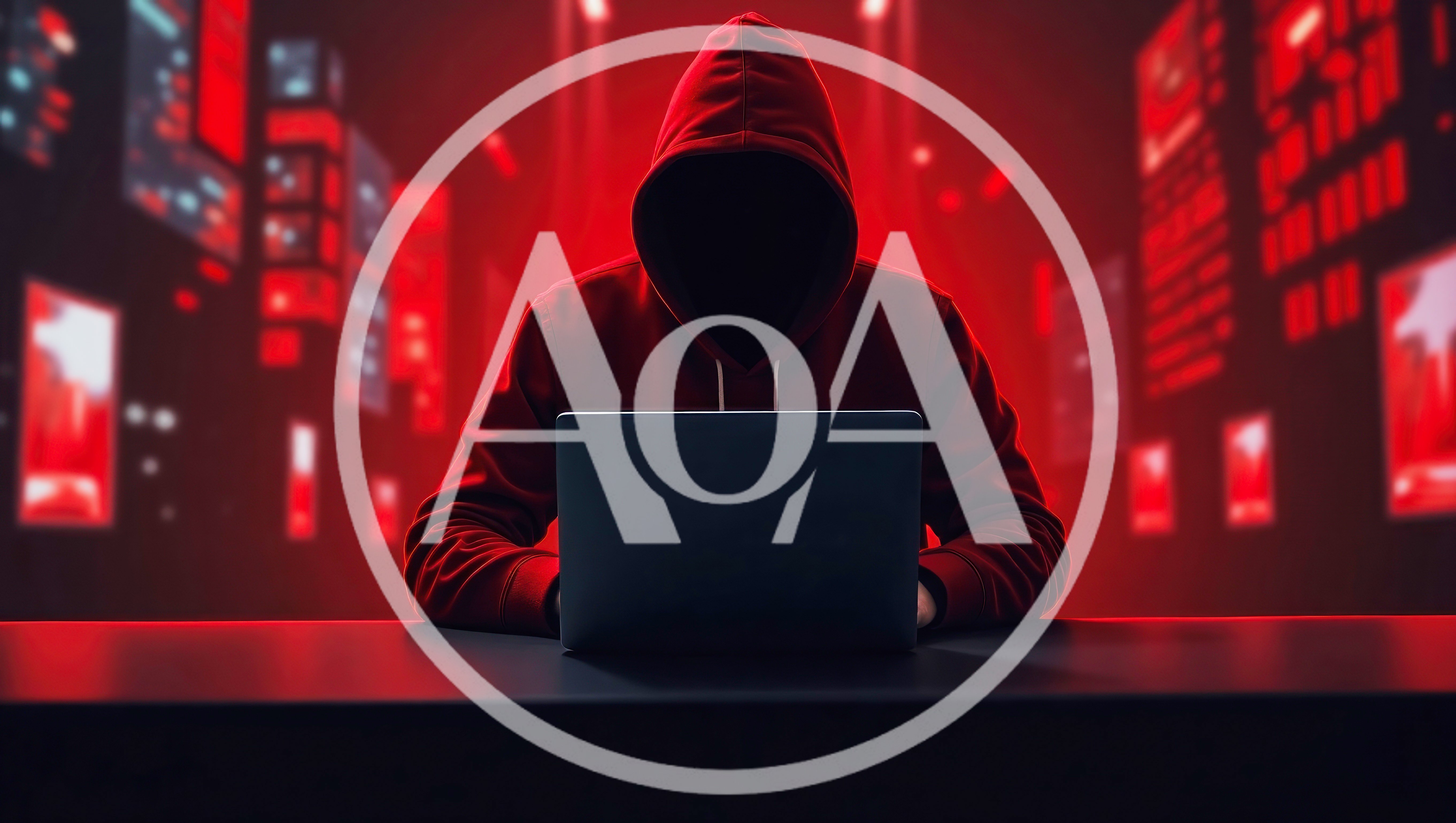 Cyber Hacker In Red Hoodie Working On Laptop