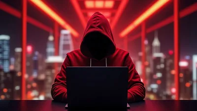 Anonymous Hacker In Red Hoodie Working On Laptop