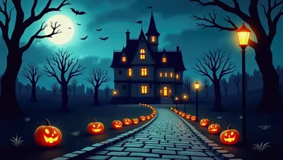 Haunted Mansion With Jack O Lantern Path At Night
