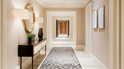 Modern Luxury Hotel Hallway With Geometric Carpet