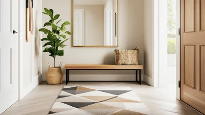 Modern Minimalist Entryway With Bench And Geometric Rug