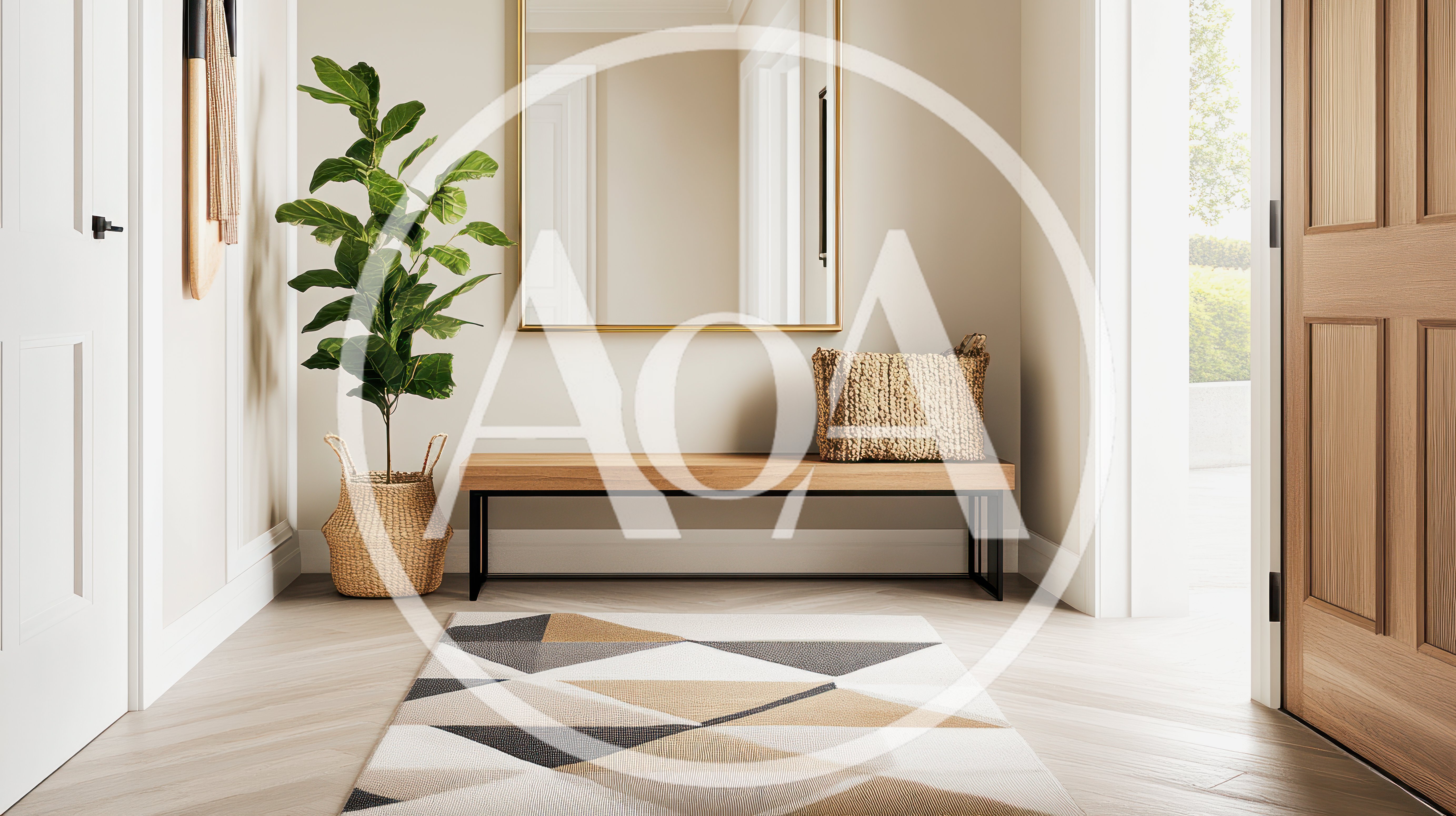 Modern Minimalist Entryway With Bench And Geometric Rug
