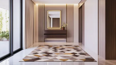 Modern Minimalist Hallway Interior With Geometric Rug