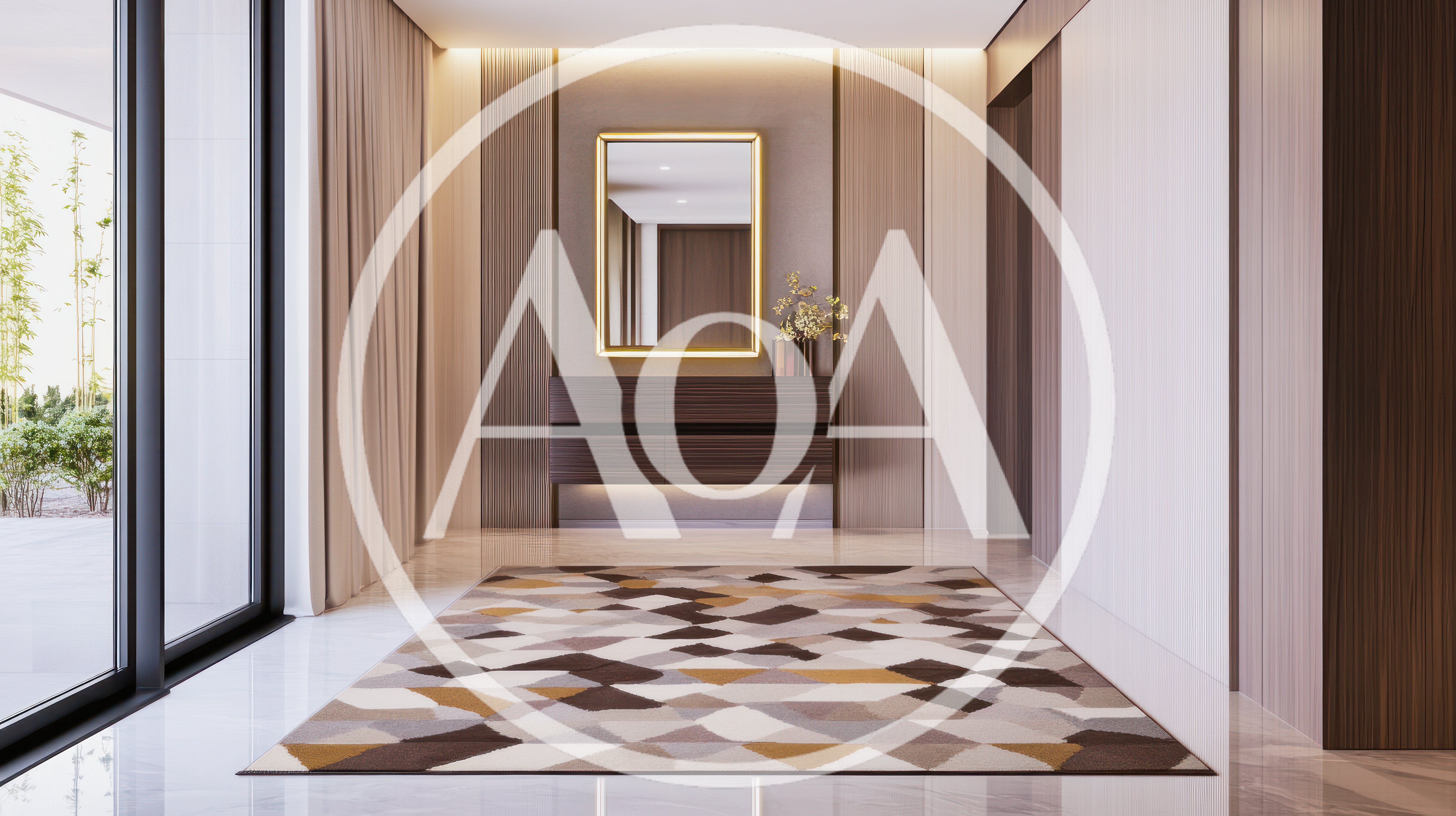 Modern Minimalist Hallway Interior With Geometric Rug