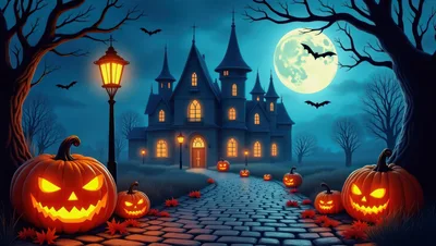 Spooky Halloween Mansion With Jack O Lanterns