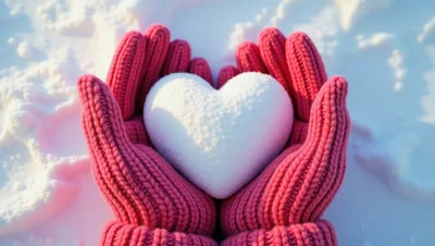 Hands In Pink Knitted Mittens Holding A Snow Heart