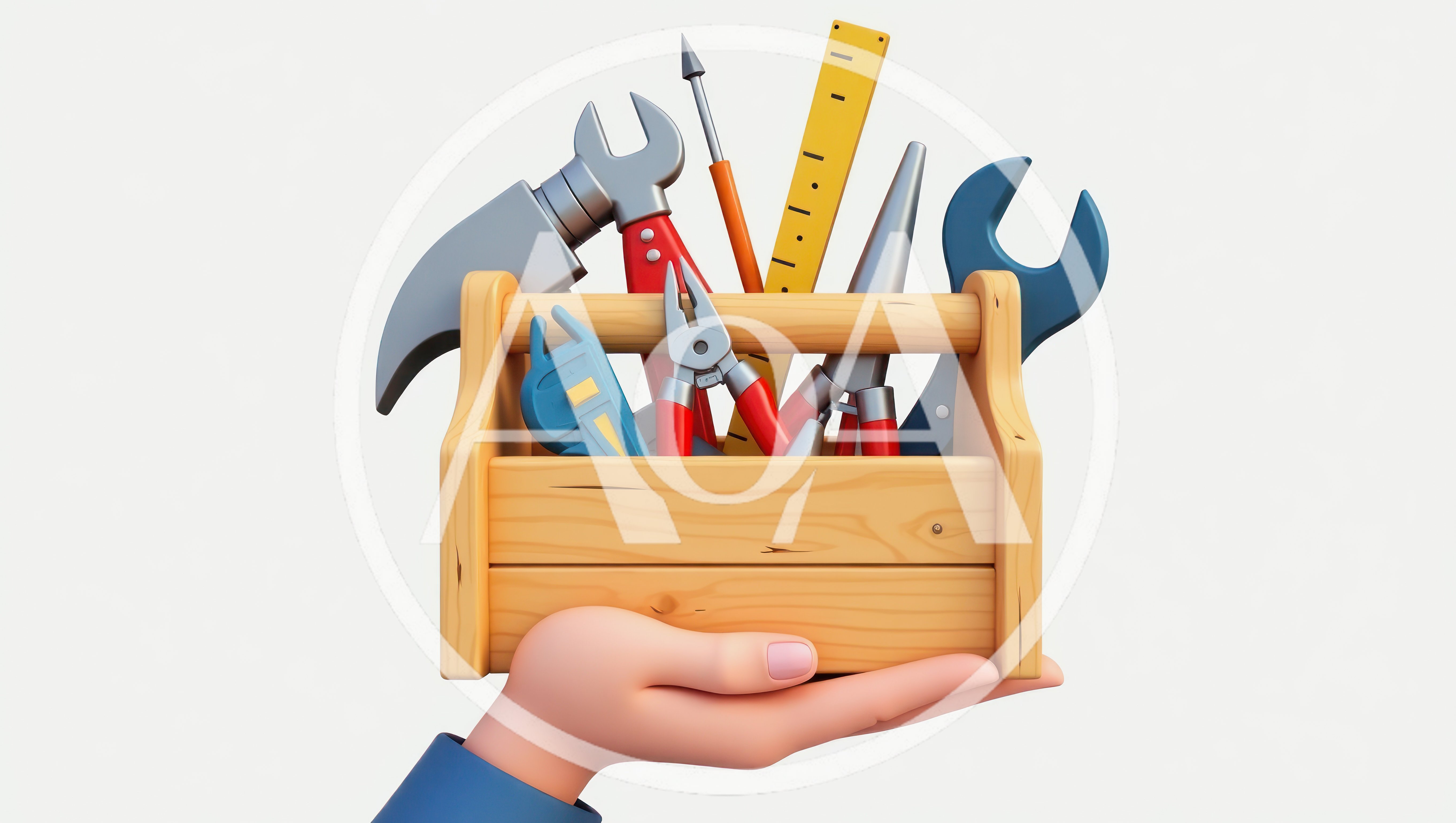 3D Illustration Of A Hand Holding A Wooden Toolbox