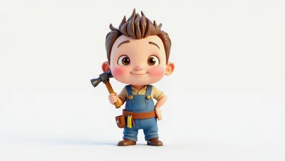 3D Cartoon Boy Character Holding A Hammer