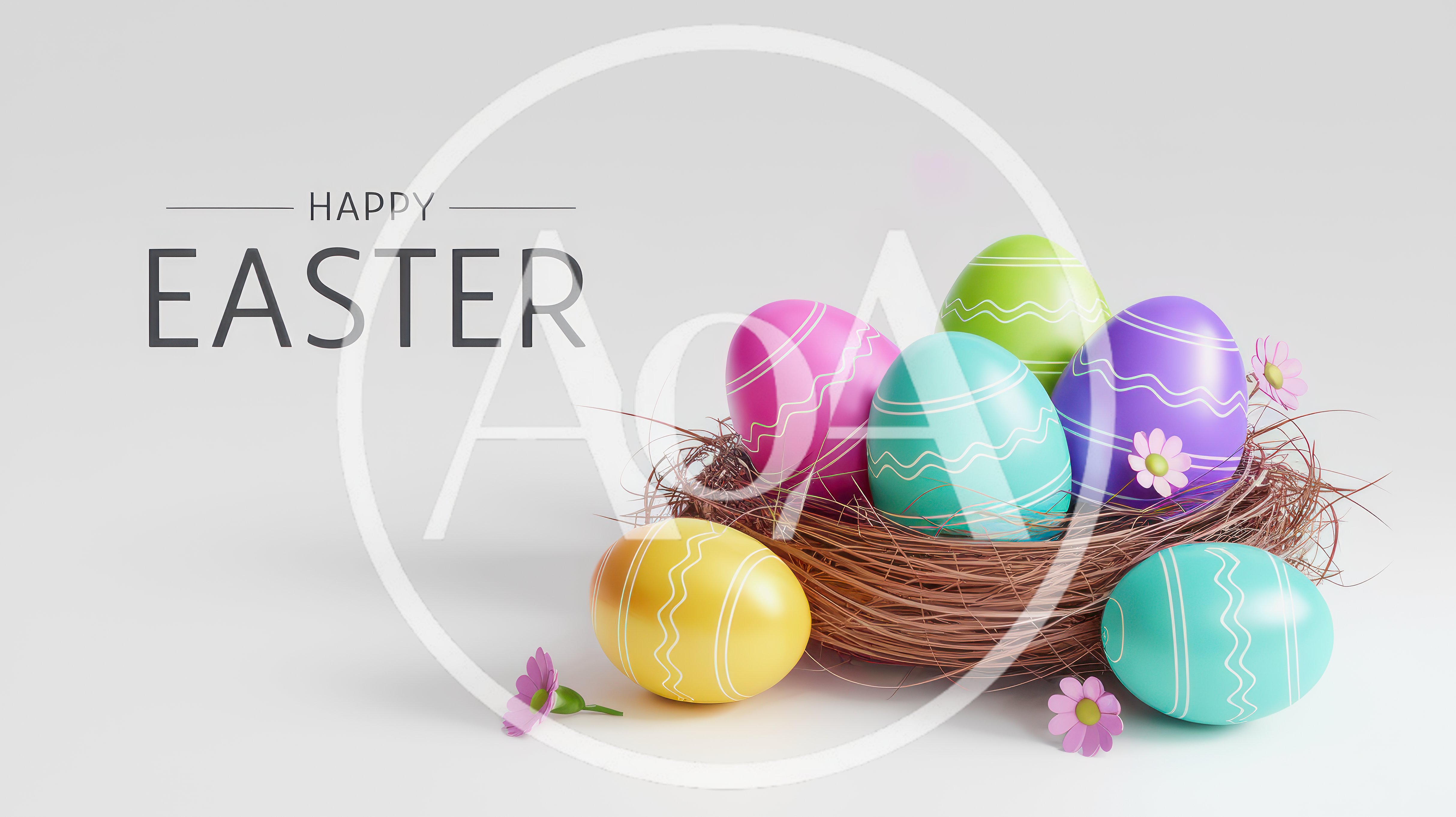 Colorful Easter Eggs In A Nest With Flowers