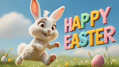 Cute 3D Cartoon Easter Bunny Running in Meadow